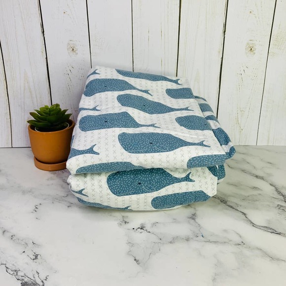 The Land of Nod Other - Land of Nod Toddler Bedsheets Blue High Seas Whale Sheet Set Fitted Flat